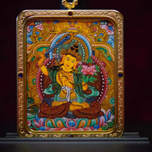 hand painted manjushri wisdom buddha pendant tibetan thangka meditation necklace for clarity & spiritual growth