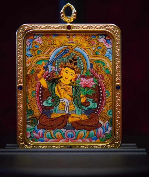 hand painted manjushri wisdom buddha pendant tibetan thangka meditation necklace for clarity & spiritual growth hand painted manjushri wisdom buddha pendant tibetan thangka meditation necklace for clarity & spiritual growth